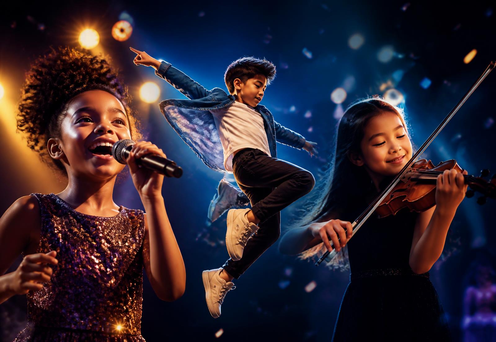 Children singing, dancing and playing violin on a brightly lit stage